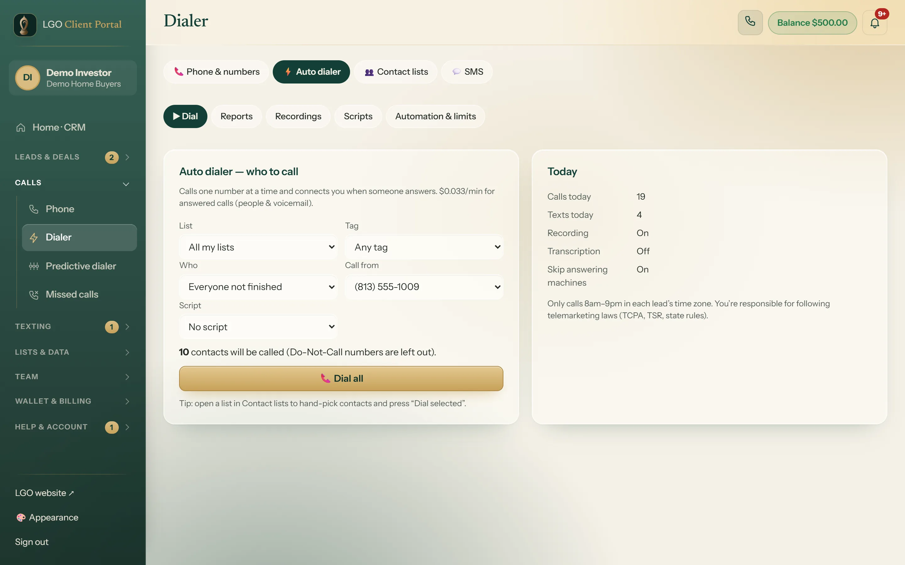 The LGO CRM auto dialer with today’s calls and texts