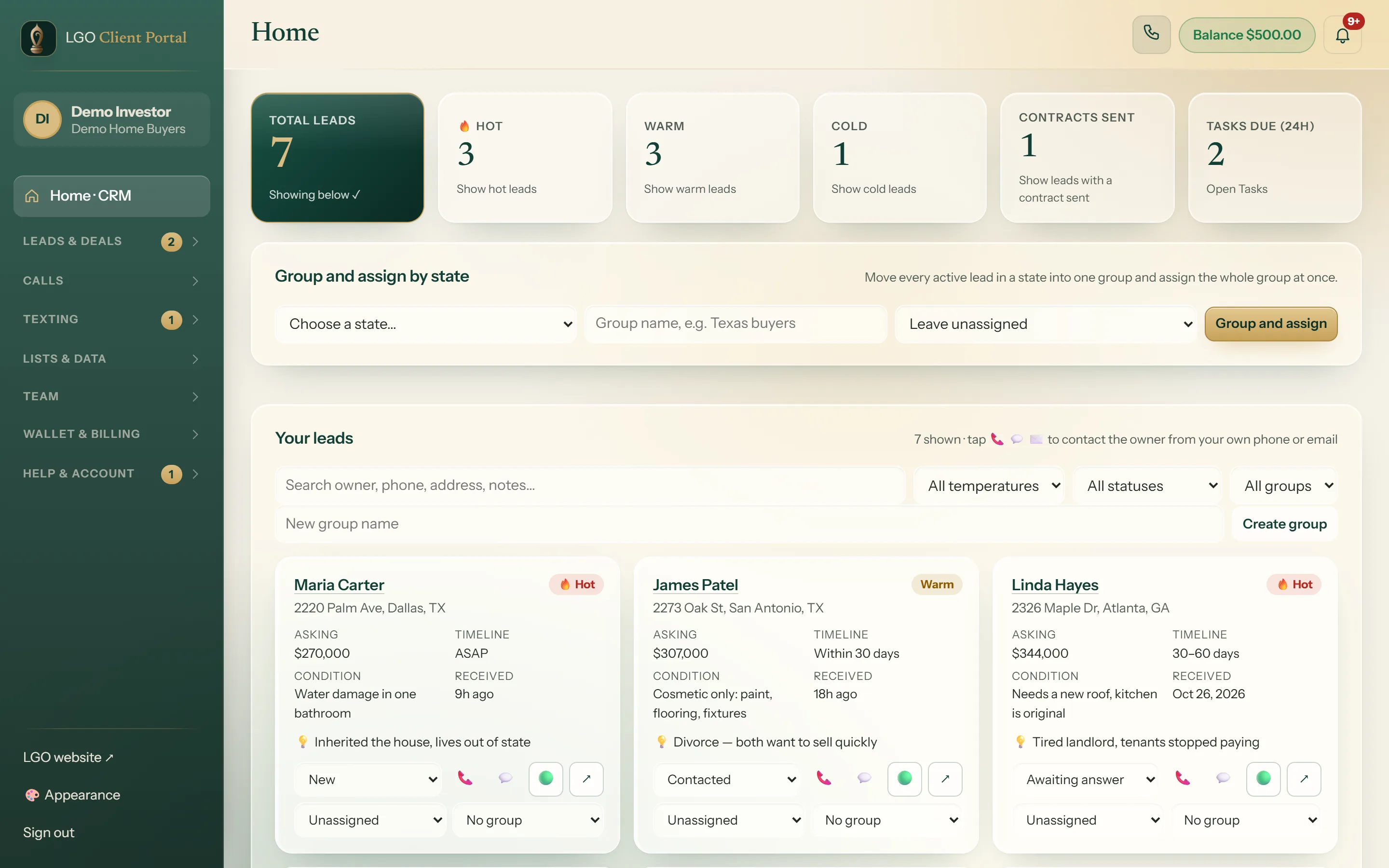 The LGO CRM home screen: hot, warm and cold lead counts and lead cards with asking price, timeline and condition