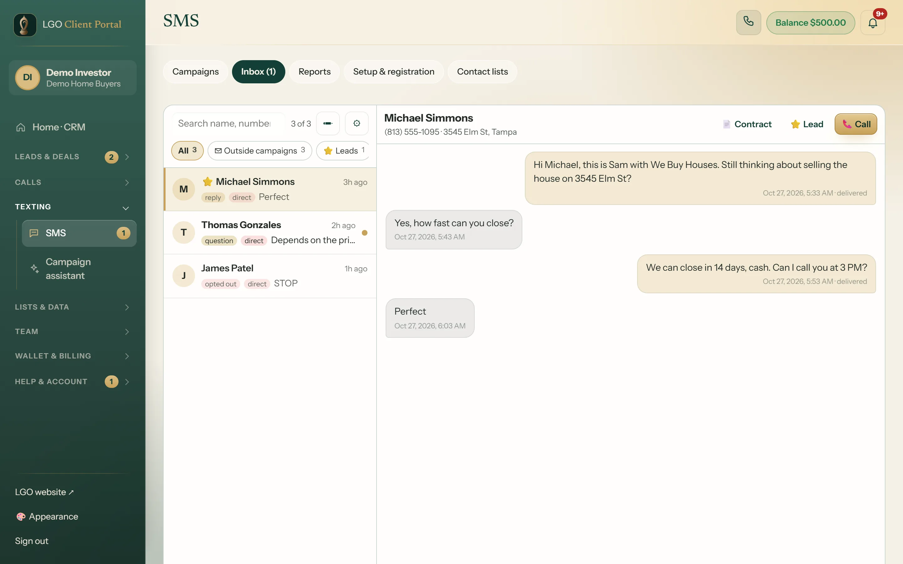 The LGO CRM text inbox with a seller conversation about closing in 14 days