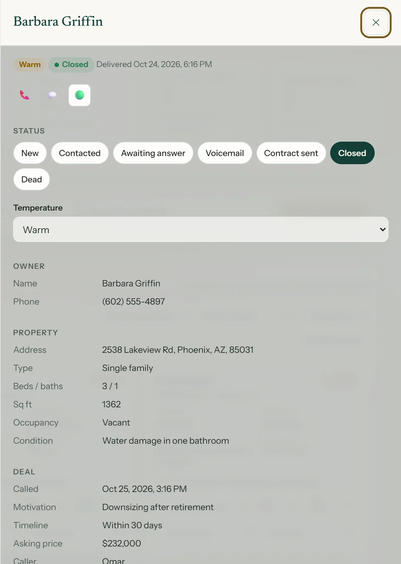 A seller card in the LGO CRM with status, owner, property and deal details