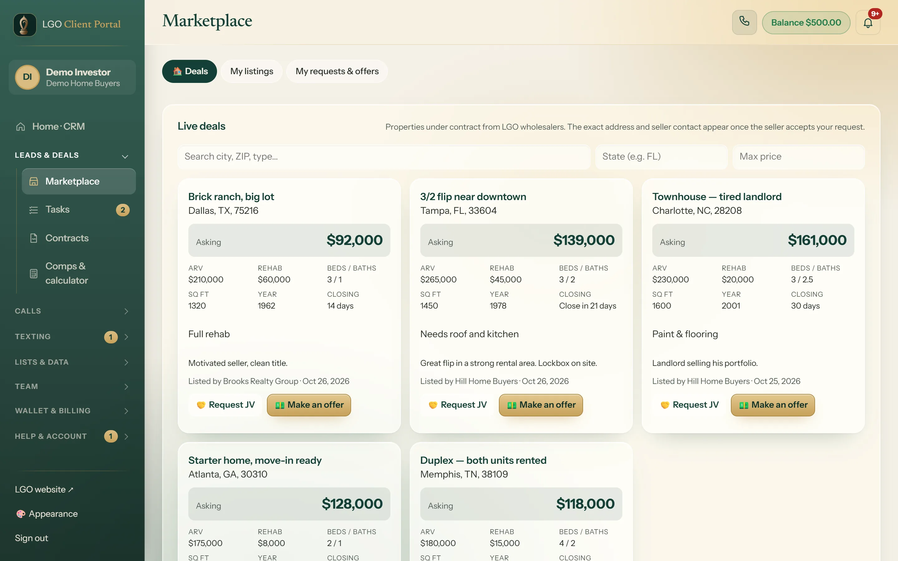 The LGO deal marketplace with properties, asking prices, ARV and repair estimates