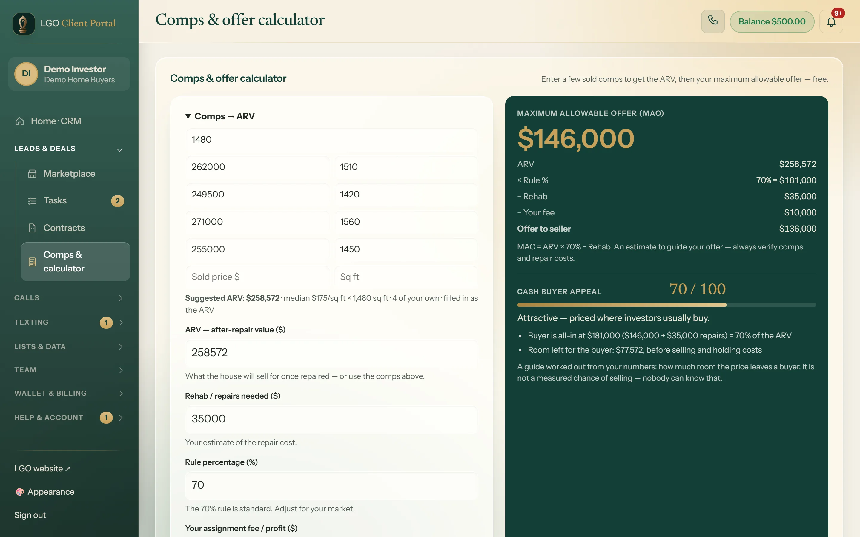 The LGO comps and offer calculator showing an ARV of $258,572 and a maximum allowable offer of $146,000
