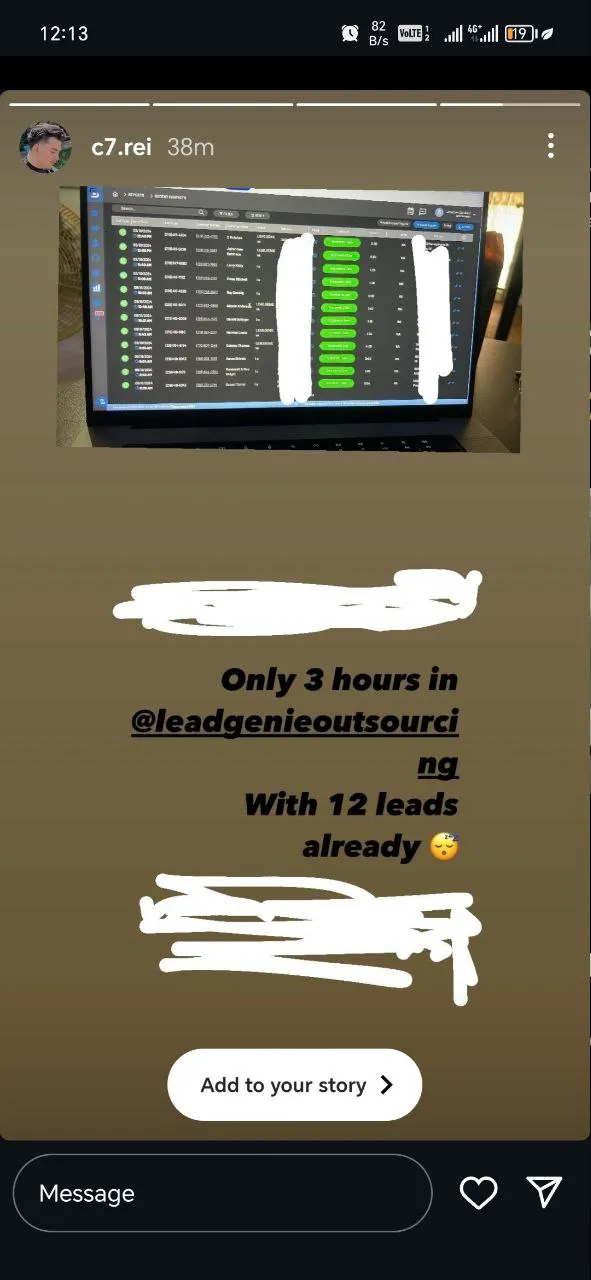 Instagram story from an LGO client: only 3 hours in with 12 leads already, over a photo of their CRM with contact details scribbled out.