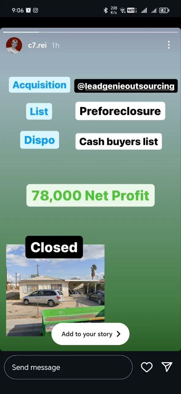 Instagram story from an LGO client: acquisition by LGO, a preforeclosure list and a cash-buyers list for dispo, 78,000 net profit, marked closed.