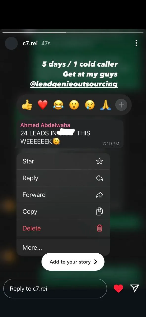 Instagram story from an LGO client: 5 days, 1 cold caller, 24 leads this week.