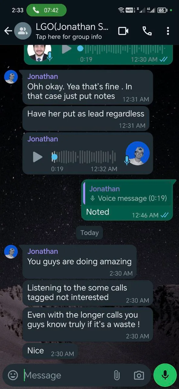 WhatsApp message from a client named Jonathan: you guys are doing amazing, listening to calls tagged not interested, even with the longer calls you know truly if it is a waste.